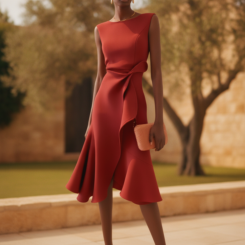 Sophisticated women's asymmetric midi dress, perfect for cocktail parties, evening wear, or wedding guests. Elegant draped style.
