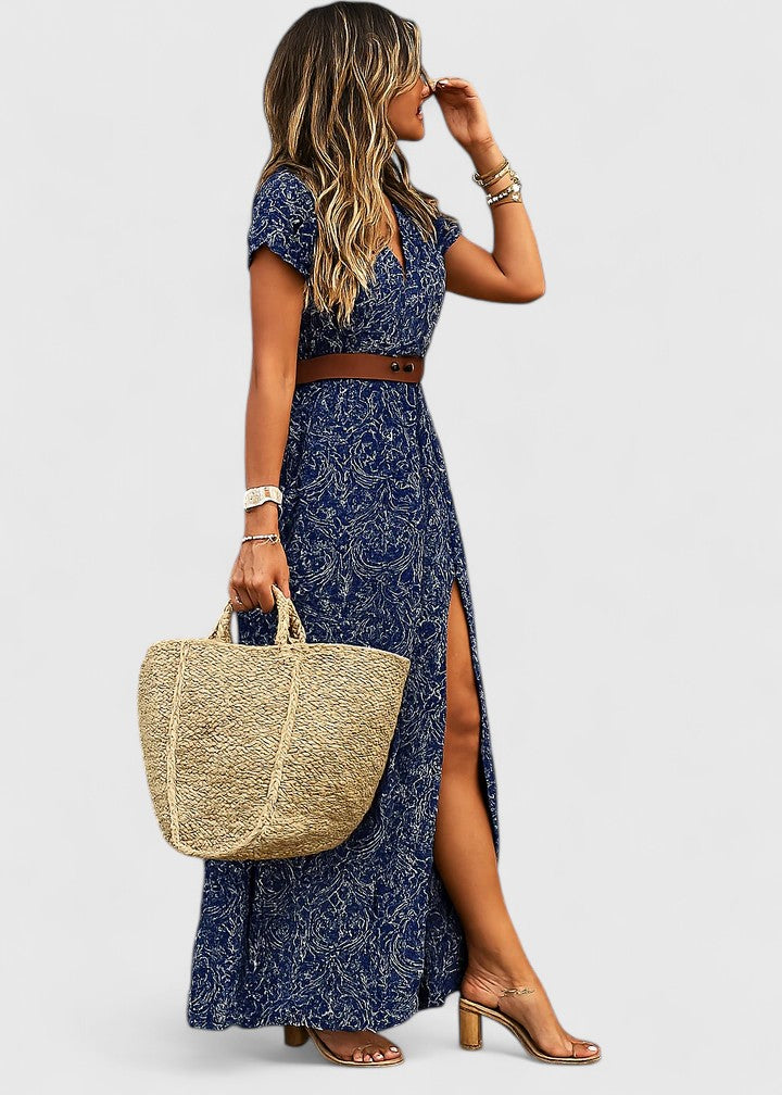 Sophisticated women's bohemian maxi dress. Elegant long summer dress, versatile for vacation outfits & casual fashion.