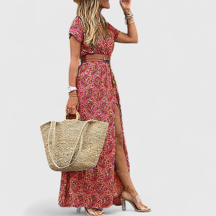 Women's sophisticated bohemian long dress. Versatile maxi for summer, ideal for elegant fashion, vacation & casual wear.