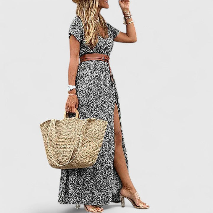 Graceful women's bohemian maxi dress. Elegant long summer dress, versatile for sophisticated vacation and casual styling.
