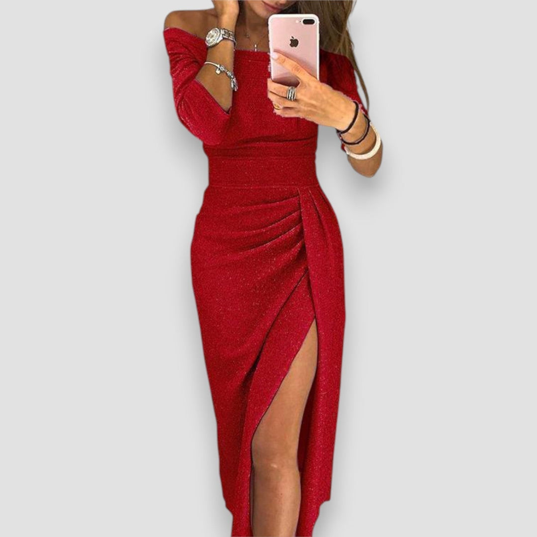 Chic women's off-shoulder evening gown. Sophisticated long dress for wedding guest or formal events.
