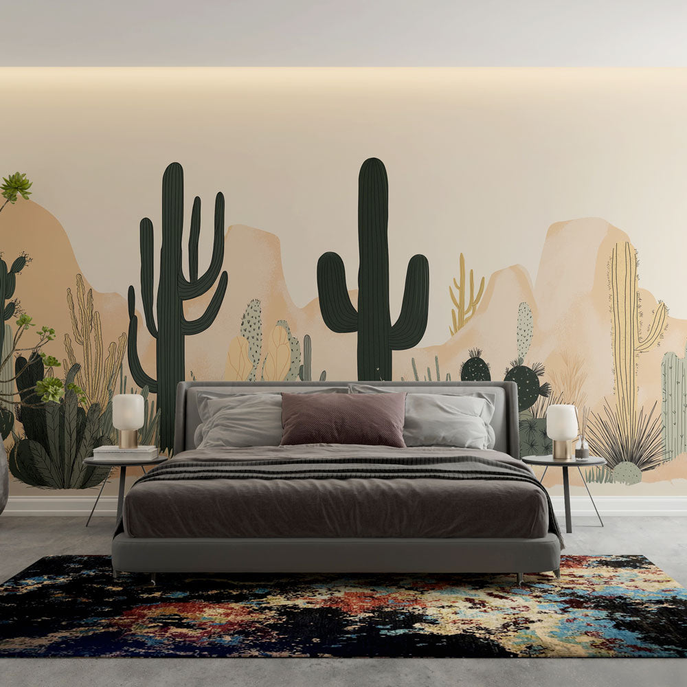 Southwest desert landscape wall mural. Self-adhesive peel and stick nature wallpaper for home decor.