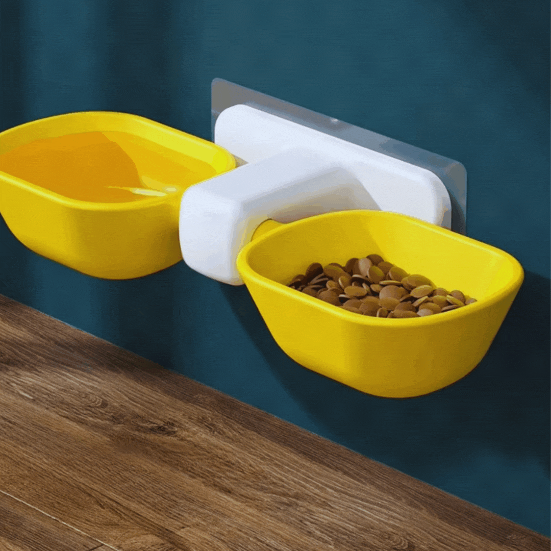 Durable wall mount pet bowls for both food and water, freeing up floor space.