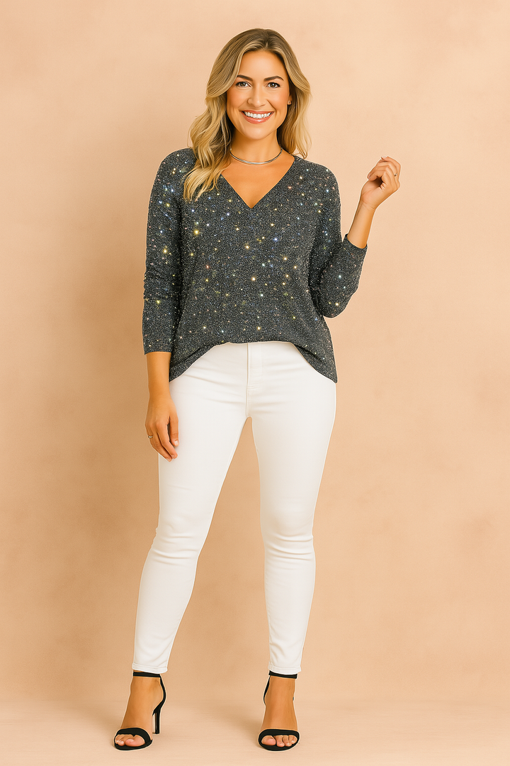 Chic women's long sleeve sequin V-neck top, perfect for evening wear.