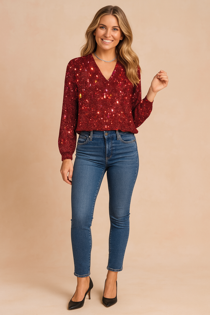 ELOISE Collection glitter V-neck blouse, a statement piece for special occasions.