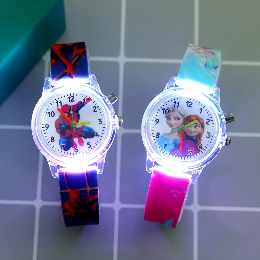 Spider-Man glow-in-the-dark kids watch with blue silicone strap.