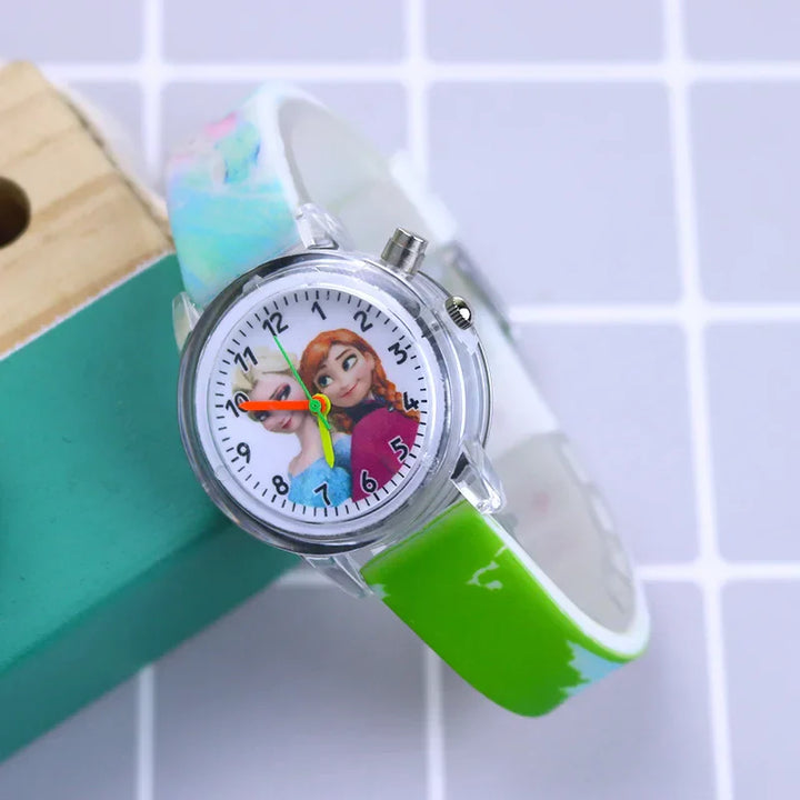 Side view of a children's glow-in-the-dark watch with adjustable strap.