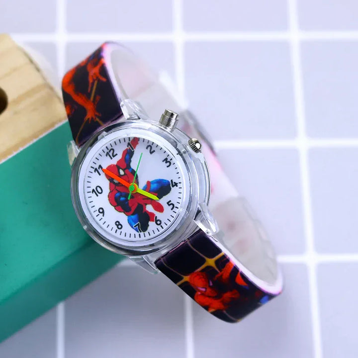 Kids watch with a vibrant Spider-Man graphic, perfect for playtime.