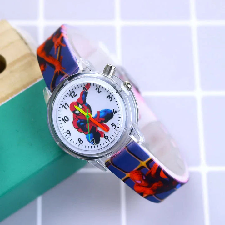 Luminous dial of a Spider-Man watch, easy to see at night.