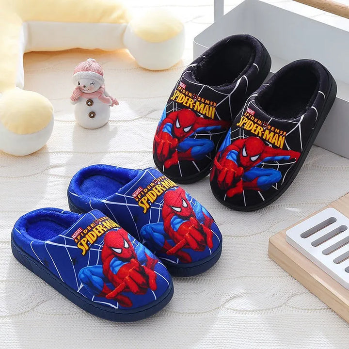 Close-up of soft cotton Spider-Man slippers for children, featuring iconic mask.