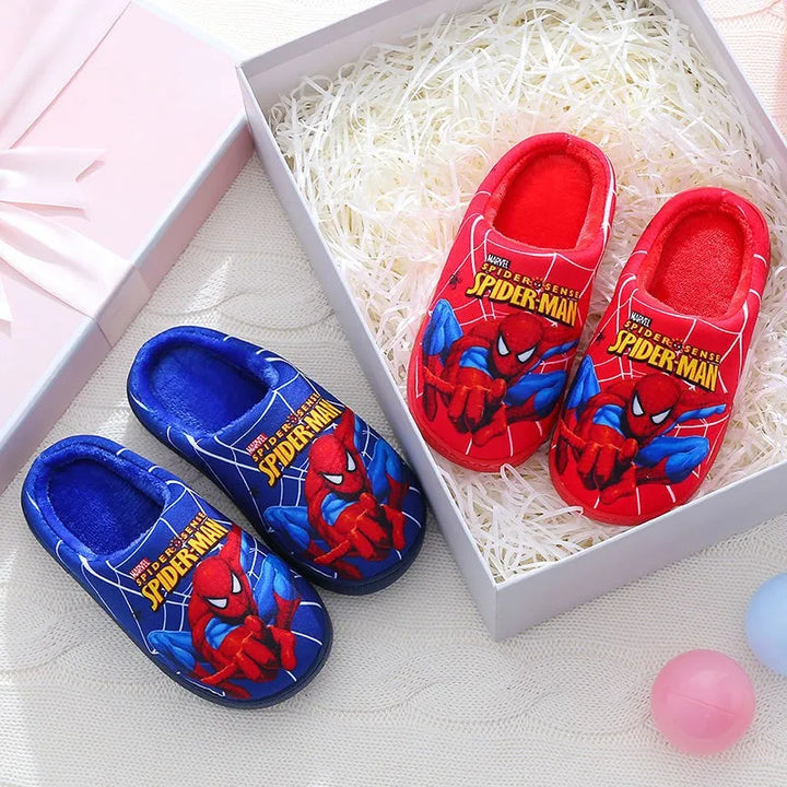 Boys wearing red and blue Spider-Man indoor slippers, ready for fall adventures.