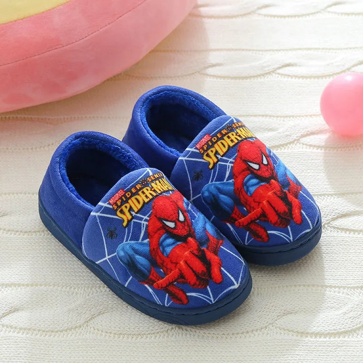 Side view of Spider-Man slippers for kids, showcasing comfortable sole and design.