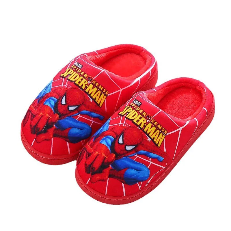 Pair of fuzzy Spider-Man slippers, offering warmth and fun for children.