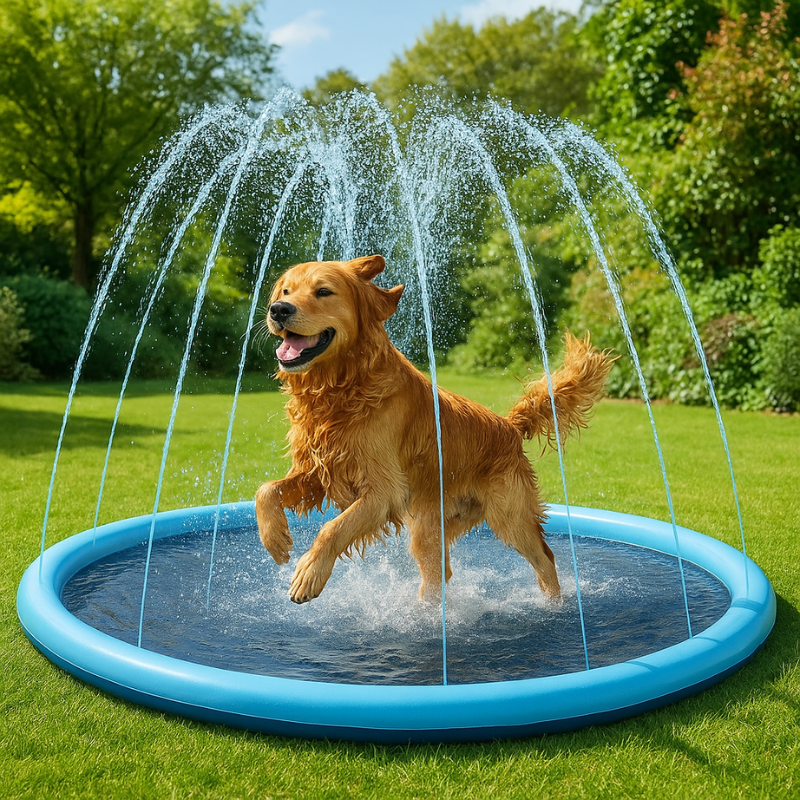 SplashPaws dog sprinkler pad for cool summer fun and water play.