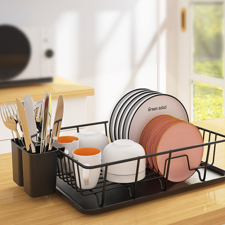 Stainless steel dish drying rack for kitchen countertop with drip tray & utensil holder for organization.