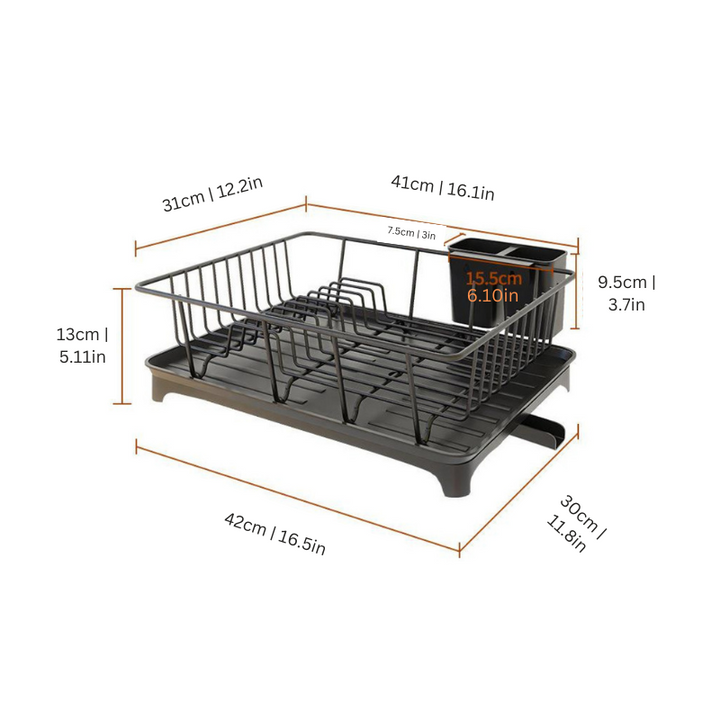 Compact stainless steel dish rack with removable drip tray, ideal for organized kitchen countertops.