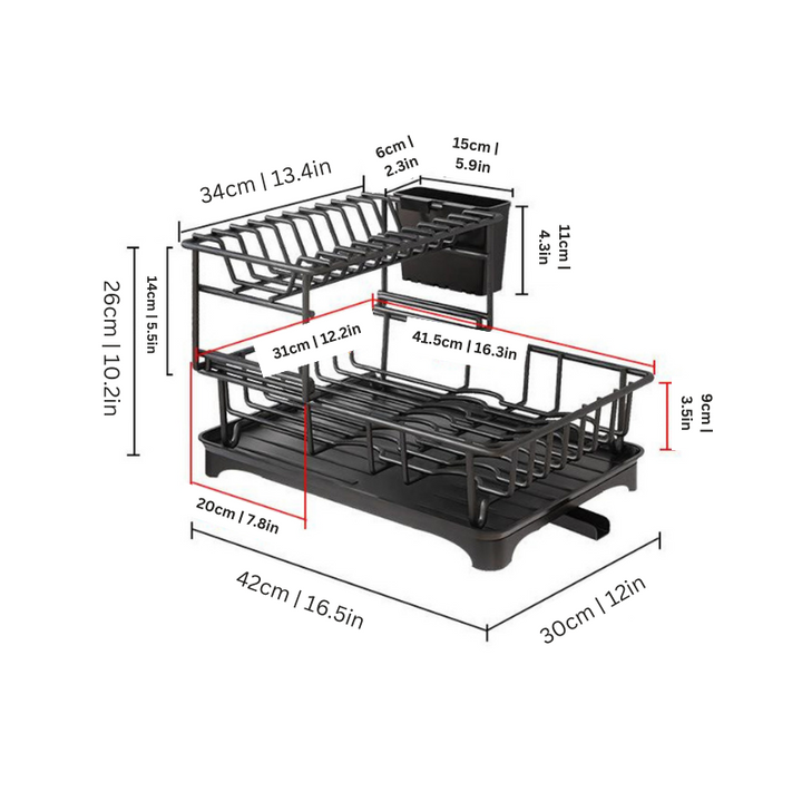 Modern stainless steel kitchen dish rack, perfect for drying dishes, cups, and utensils on a countertop.
