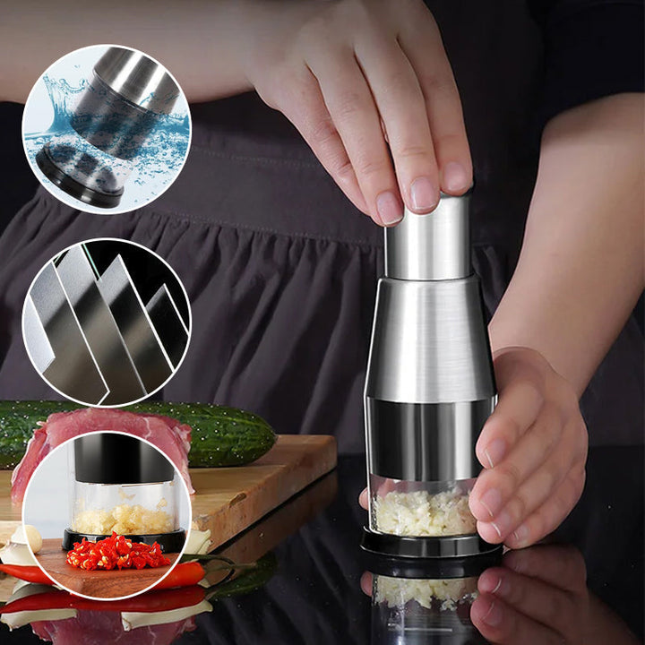 Modern stainless steel garlic press for effortless meal prep, simplifying cooking and adding flavor.