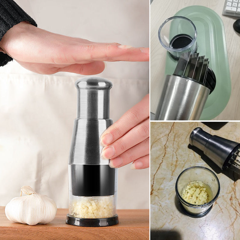 Premium stainless steel garlic press kitchen tool for effortless garlic crushing & easy cleanup.