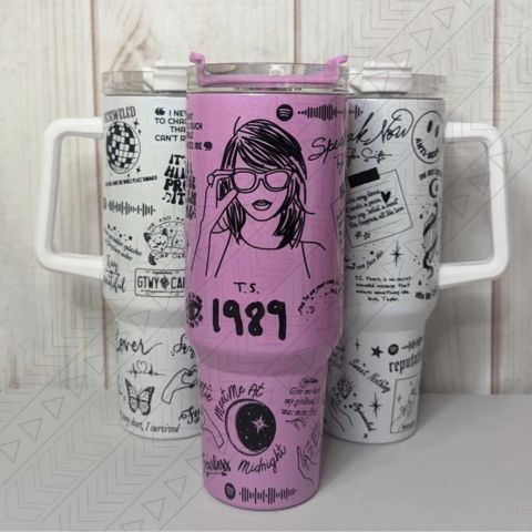Reusable insulated tumbler for hot coffee or cold water, featuring a sturdy handle.