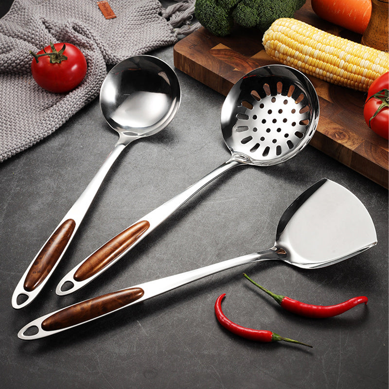 High-quality stainless steel kitchen utensils with wooden handles. Perfect cooking tools for efficient & enjoyable gourmet food prep.