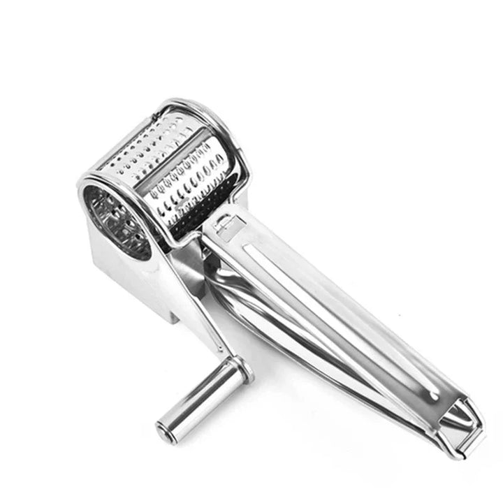Hand-held stainless steel rotary cheese grater for quick and easy food prep and serving.