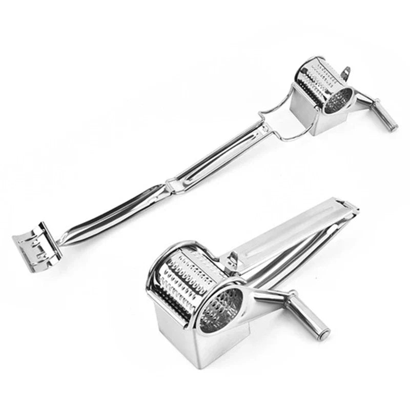 Ergonomic manual rotary cheese grater with sharp stainless steel drum for efficient grating.
