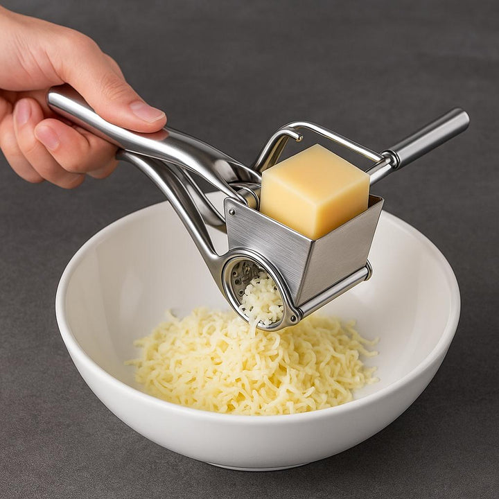 Compact stainless steel manual rotary grater, a perfect cooking accessory for every home.