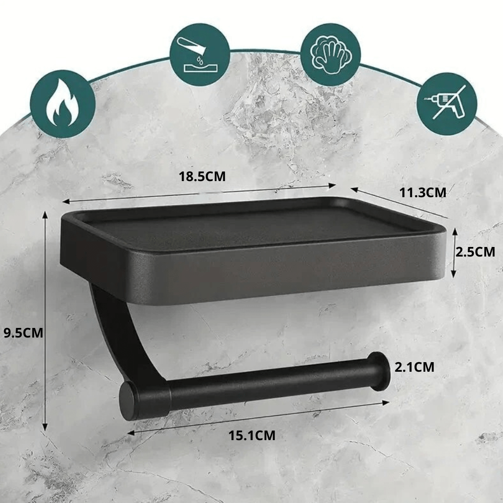 Modern wall-mounted toilet roll holder featuring a durable stainless steel storage shelf.