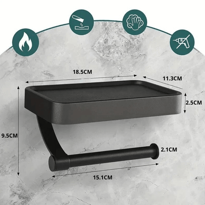 Modern wall-mounted toilet roll holder featuring a durable stainless steel storage shelf.
