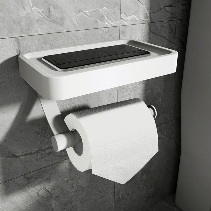 Easy-install stainless steel toilet paper holder and organizer shelf for a tidy bathroom.