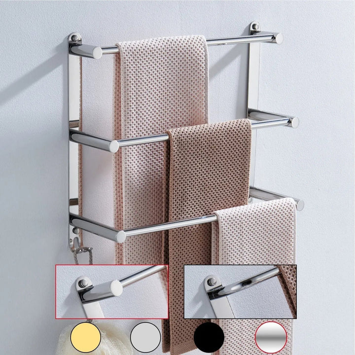 Stainless steel wall mounted towel holder with 3 bars & 2 hooks for bathroom storage & organization.