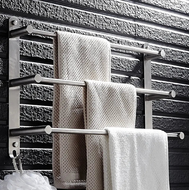 Functional stainless steel bathroom accessory: wall mounted towel holder with 3 bars and 2 hanging hooks.