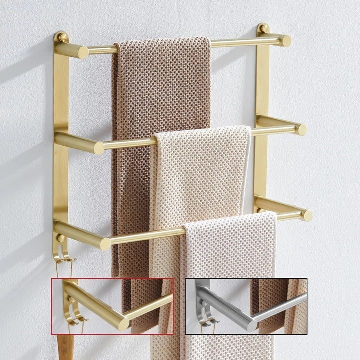 Sleek wall mounted towel bar for bathrooms. 3-bar stainless steel rack with 2 hooks for towels & robes.