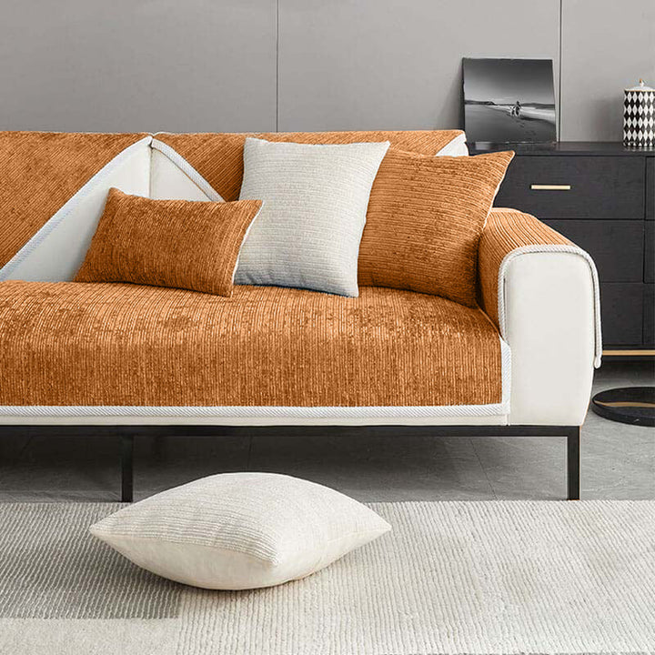 Cozy striped chenille sofa cover, pet-friendly and anti-scratch, enhancing modern living rooms.