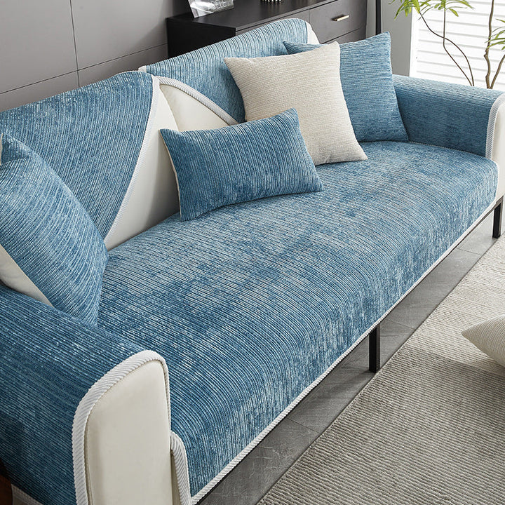 Soft chenille striped sofa cover, anti-scratch furniture protector, ideal for pet-friendly homes.