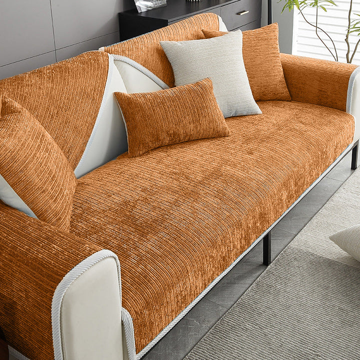 Durable pet-friendly anti-scratch striped chenille sofa cover, a practical furniture protector.