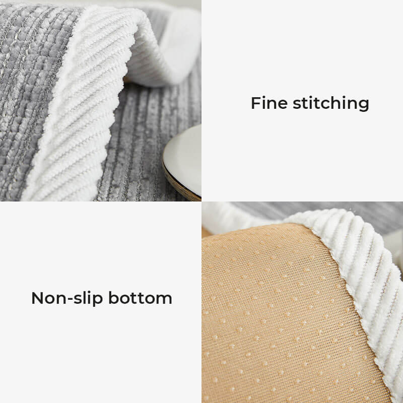 Close-up: Striped chenille fabric, anti-scratch & pet-friendly sofa cover, modern home decor.