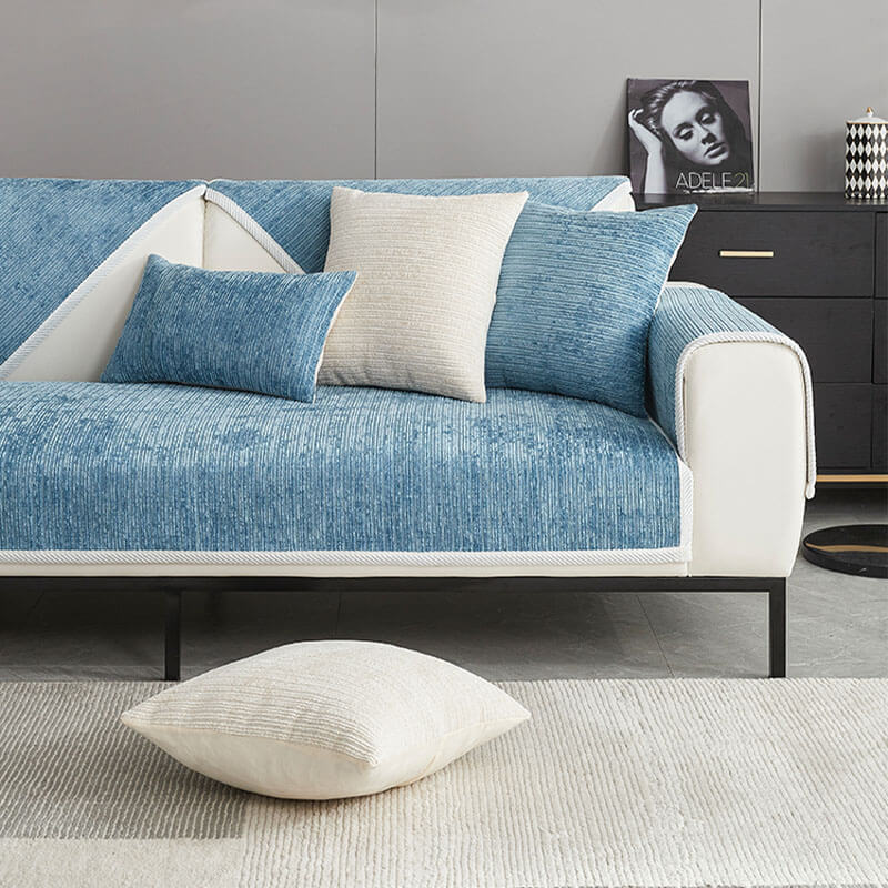 Living room sofa with striped chenille anti-scratch, pet-friendly slipcover for protection.