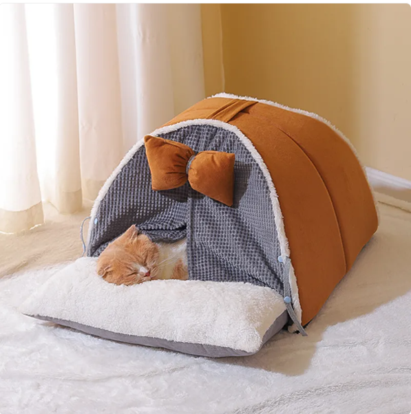 Stylish arch design cat house with a cute bow, offering a cozy retreat and feline comfort for your pet.