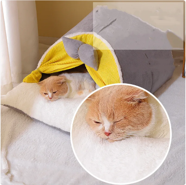 Elegant arch design cat house with a charming bow accent, a comfortable and stylish pet bed for your furry friend.