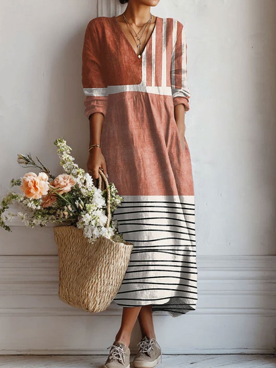 Stylish brown-grey women's everyday comfort midi dress with relaxed fit and pockets for versatile casual wear.