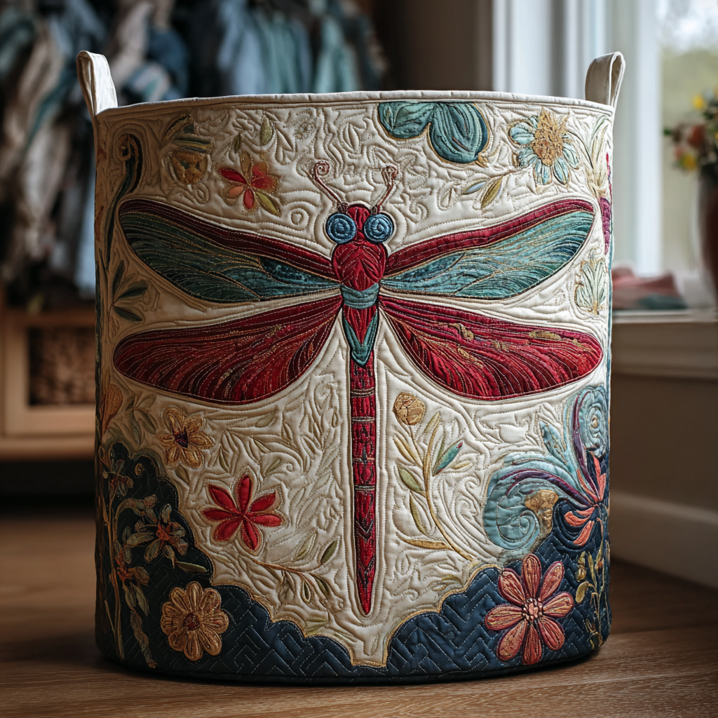 Stylish decorative dragonfly laundry basket with quilted fabric, foldable design. Perfect home organizer for bathroom & bedroom storage.