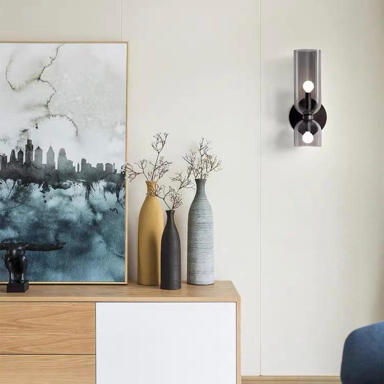 Modern decorative glass twin wall light, ambient illumination for contemporary homes.