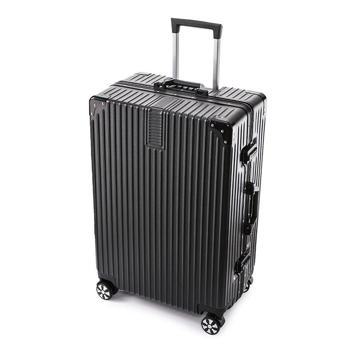 Modern hardshell travel suitcase, featuring a telescopic handle and gliding spinner wheels.