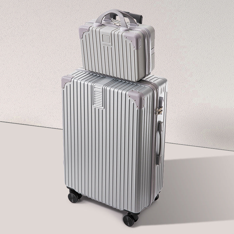 Large hardshell travel suitcase, robust and lightweight with multi-directional spinner wheels.