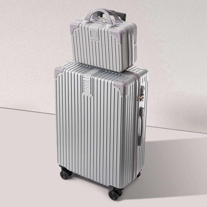 Large hardshell travel suitcase, robust and lightweight with multi-directional spinner wheels.