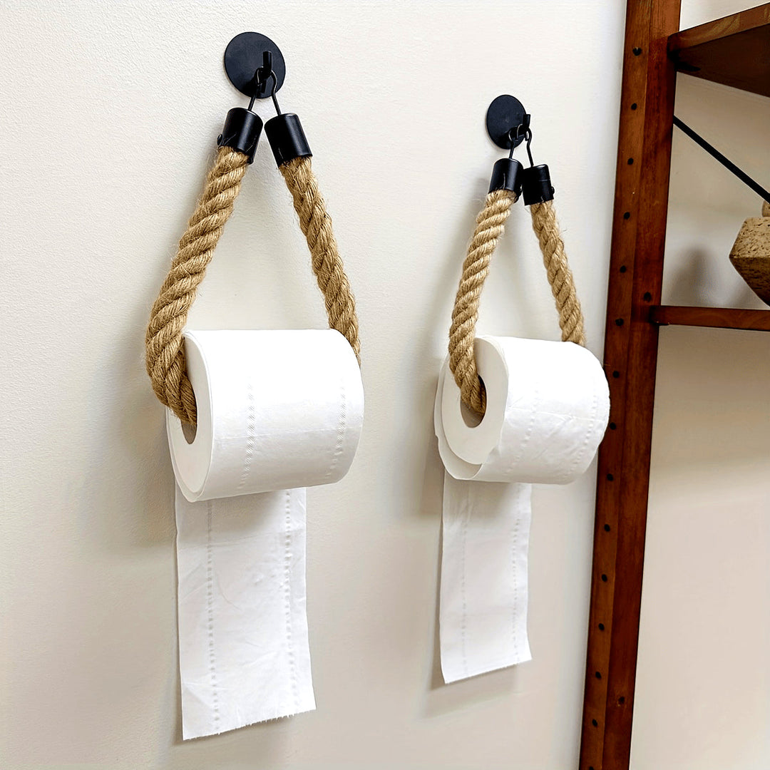 Stylish hemp rope toilet paper holder for rustic bathroom decor. Wall mount, durable jute design.