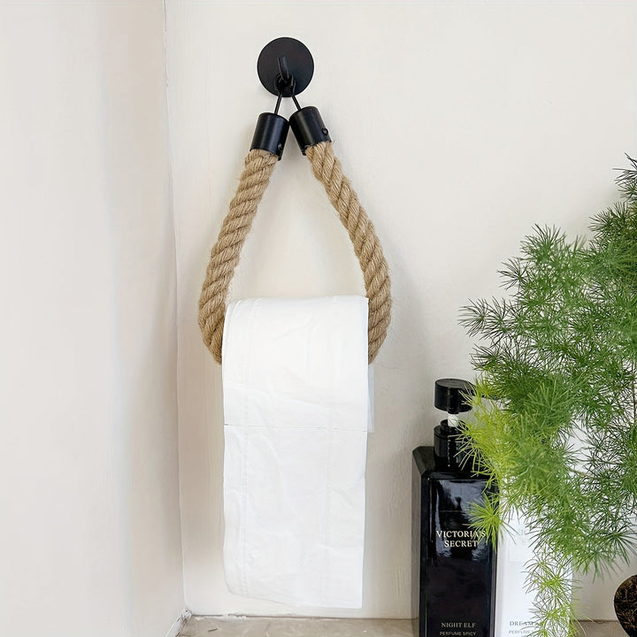 Hemp rope toilet paper holder, wall mount bathroom accessory for rustic or farmhouse decor.