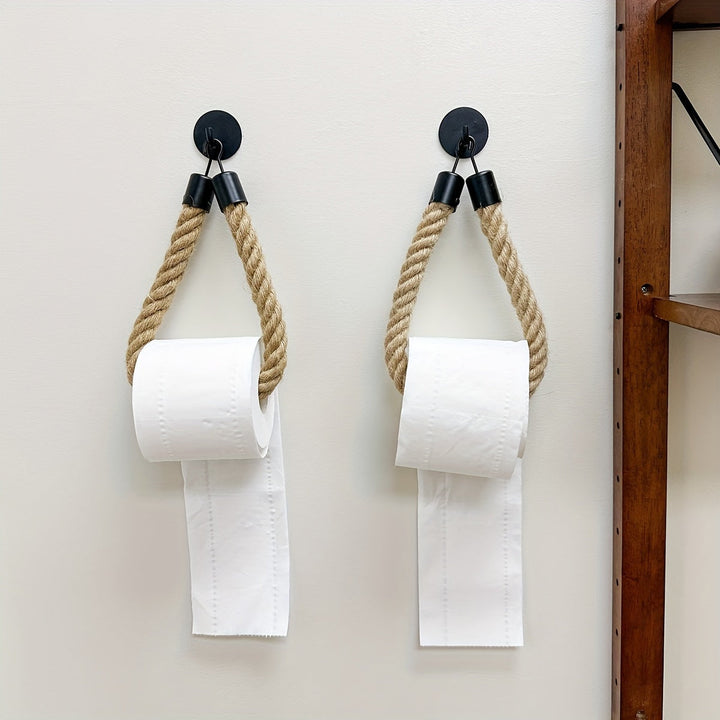 Decorative hemp rope toilet paper holder, a unique wall mount accessory for rustic bathroom decor.